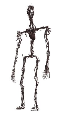 A dark, skeletal figure resembling a humanoid made of twisted branches and vines.